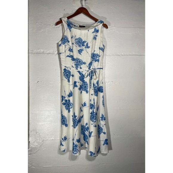 Vintage Blue & White Floral Fit Flare Dress Boat Neck Size 6 90s Y2K Preppy - Picture 2 of 15